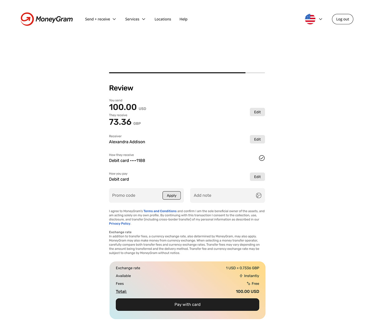 MoneyGram desktop experience