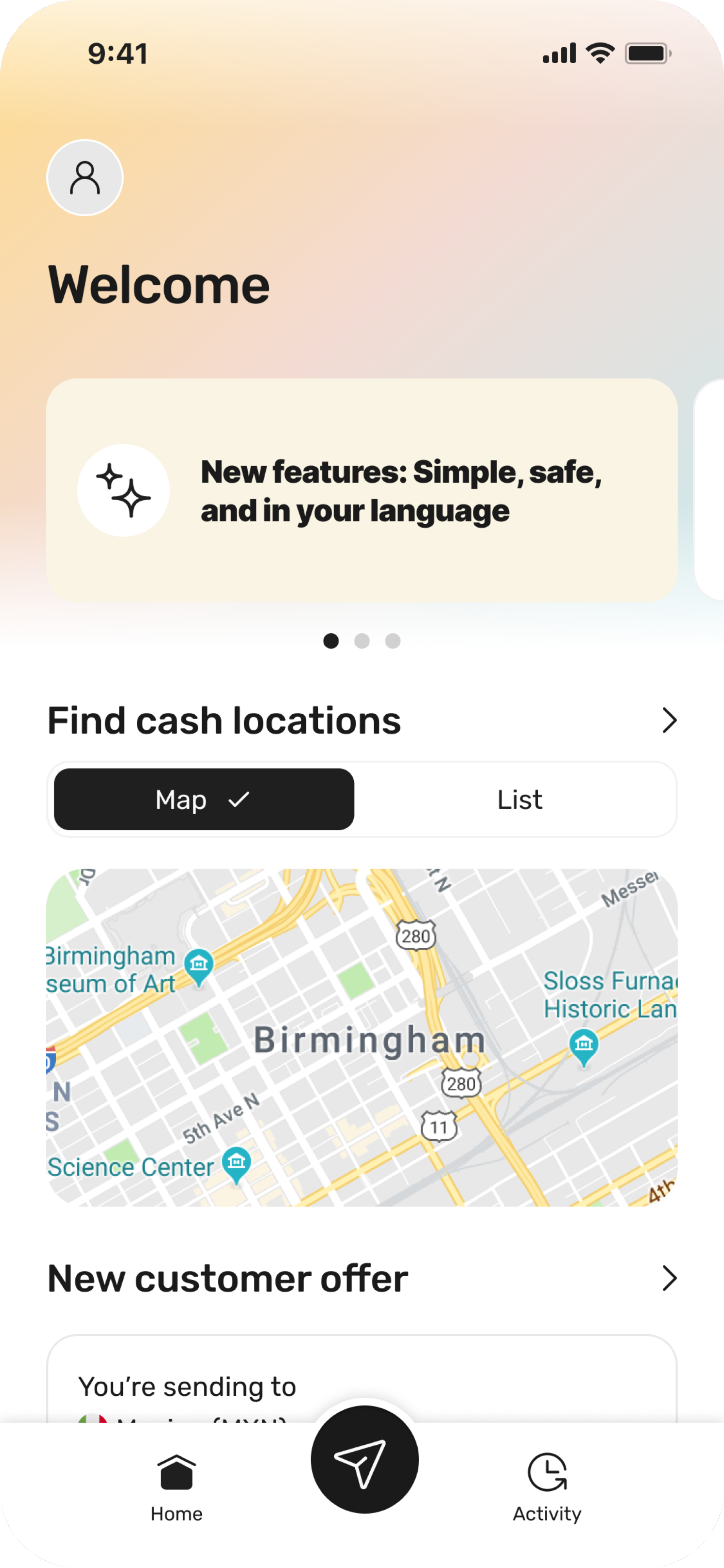 MoneyGram app Welcome screen